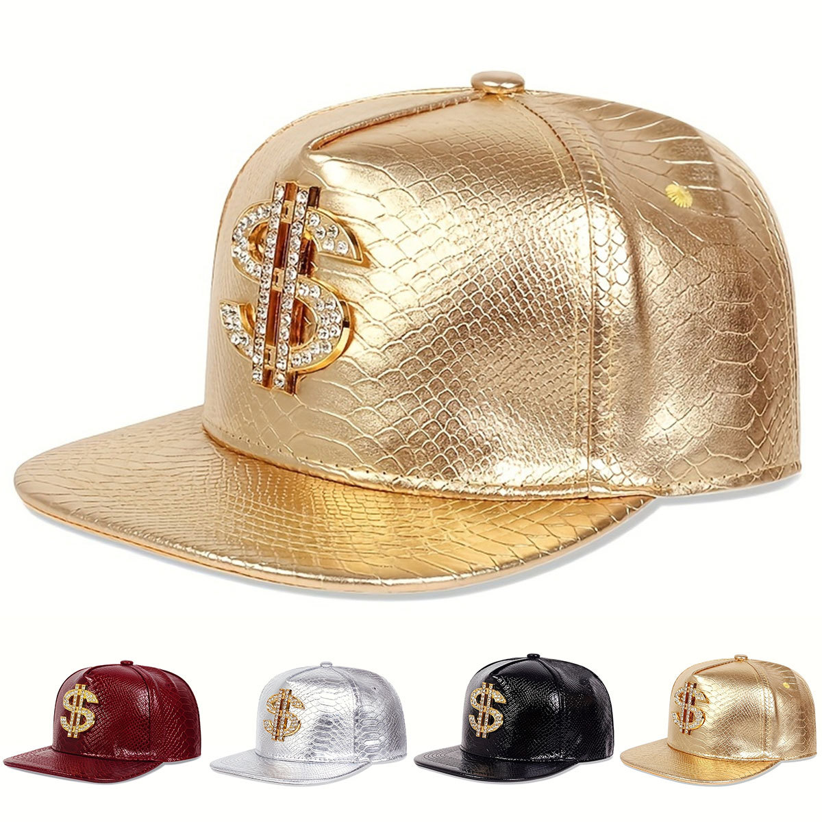 Streetwear Brand Beanie - Leder-Baseballkappe mit metallischem Dollar-Zeichen für Herren